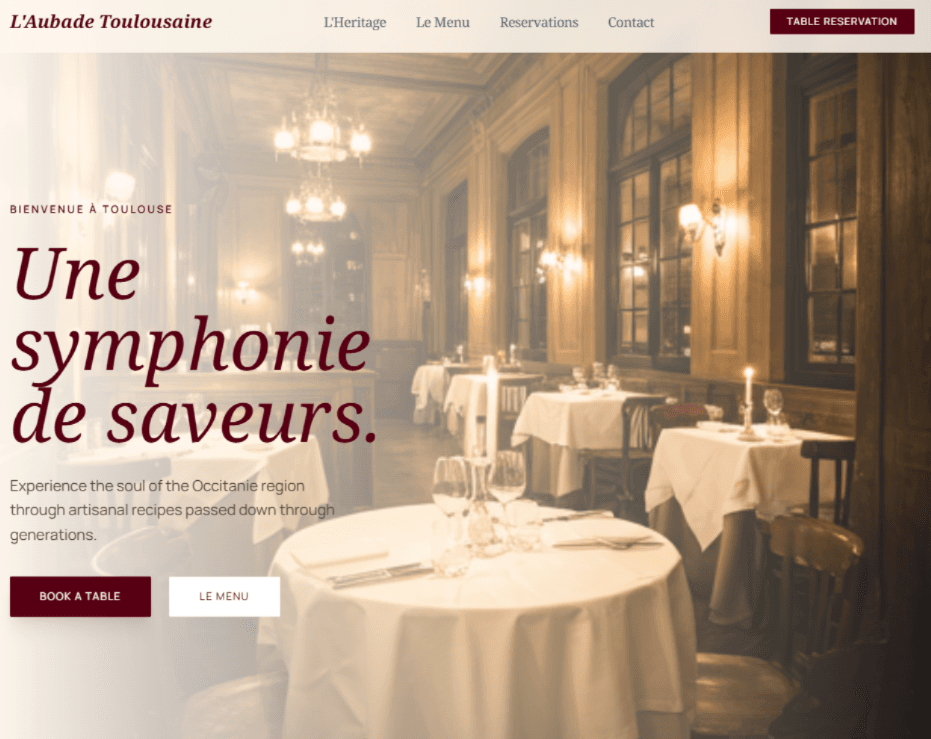 Aperçu du site L'Aubade Toulousaine — en-tête et hero restaurant avec ambiance chaleureuse